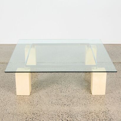 A Large Travertine Chrome And Glass Coffee Table