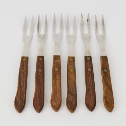 A Set of Six Mid-century Meat Forks with Rosewood Handles