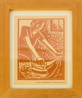 An Adele Younghusband &ldquo;Girl Ironing&rdquo; Original Linocut Bookplate on Art Paper