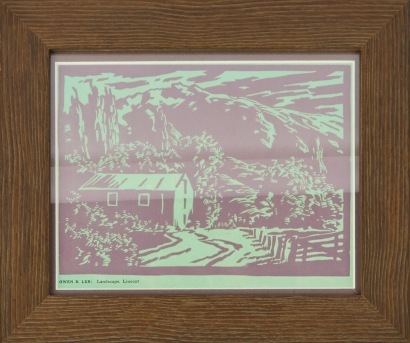 An Owen Lee &ldquo;Landscape (with Farm Shed)&rdquo; Coloured Linocut on Rice Paper