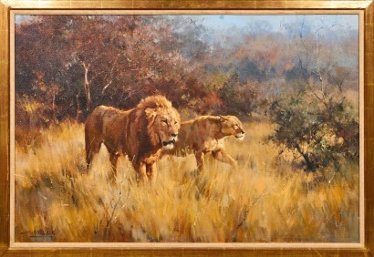 A Large Oil on Canvas Lion and Lioness Stalking in the Savannah
