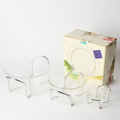 A Bodum Hot Pot Set, Three Glass Bowls and Metal Stands (in original box)