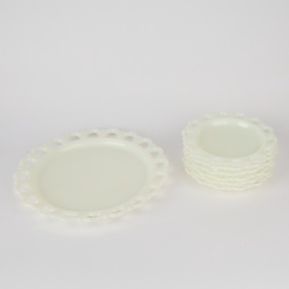 A Set of Six Vintage Scalloped Open Lace White Milk Glass Plates and a platter