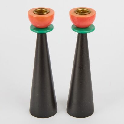 A Pair of Multi Coloured Wooden Postmodern Candlesticks