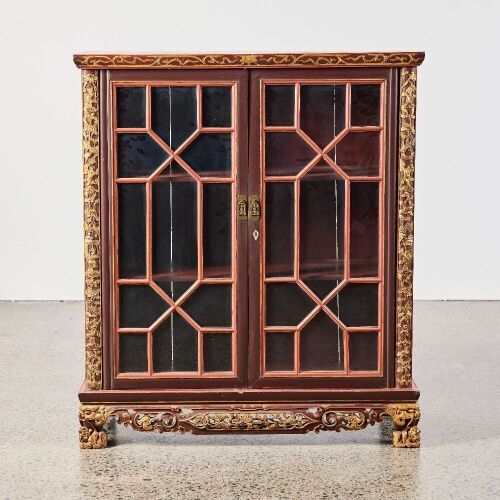 An Oriental Red-lacquer and Gilt-carved glass Two-door Cabinet