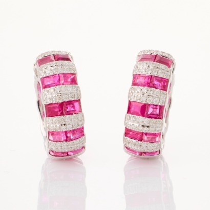 18ct White Gold, 4.64ct Pink Sapphire / 0.62ct Diamond Hoop Earrings - Near new