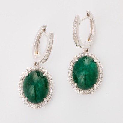 18ct White Gold, 9.80ct Emerald / 0.66ct Diamond Drop Earrings