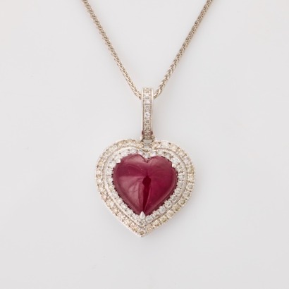 18ct White Gold, 3.44ct Ruby / .40ct Diamond Heart Pendant on 44cm Sterling Silver Necklace
