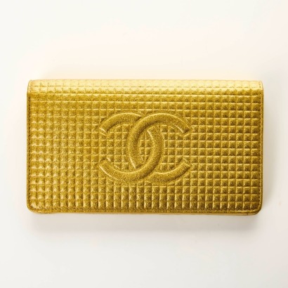 Chanel, Metallic Gold Micro Chocolate Bar Long Wallet with Box