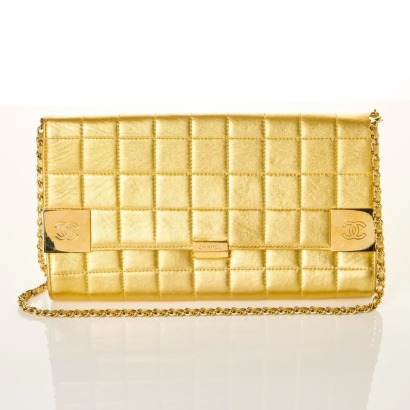 Chanel, Vintage Gold Metallic Chocolate Bar East West Flap Bag