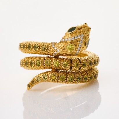 18ct Yellow Gold, Modern, .13ct Diamond / 1.46ct Coloured Stone, Flexible Snake Ring
