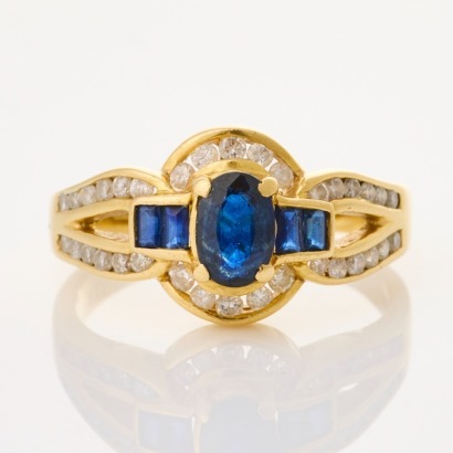 18ct Yellow Gold, .40ct Sapphire / .13ct Sapphire / .37ct Diamond Cluster Ring