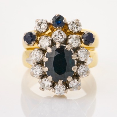 18ct White / Yellow Gold, Vintage 2.05ct Sapphire / 1.05ct Diamond Cluster Ring with Matching Band