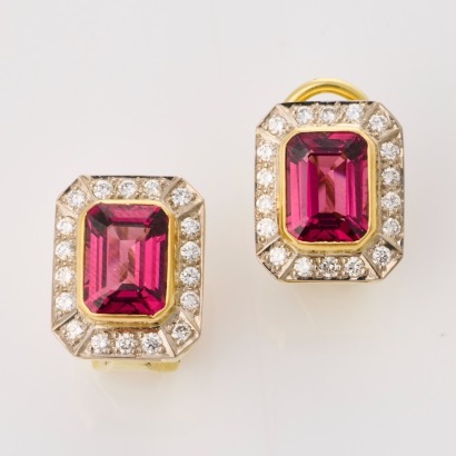 18ct White / Yellow Gold, 3.42ct Rhodolite Garnet / .42ct Diamond Earrings - Near new