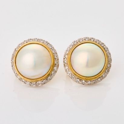18ct Yellow / White Gold, 13mm South Sea Mabe Pearl / .48ct Diamond Earrings - Near new