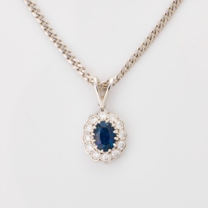 18ct White Gold, 1.16ct Sapphire / .42ct Diamond Pendant on 9ct White Gold, 45cm Necklace - Near new