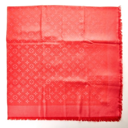 Louis Vuitton, Coral Pink 60% Silk / 40% Wool Monogram Shawl with Box