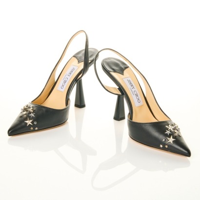 Jimmy Choo, Black Leather Slingbacks. Size 37 with Box