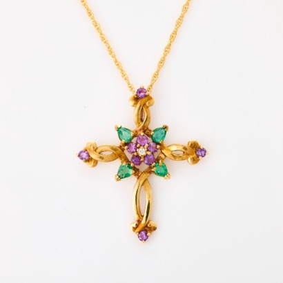 18ct Yellow Gold, Franklin Mint / House of Faberge 'Violets in the Snow' Cross on 45cm Chain, circa 1993, with Box
