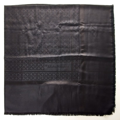 Salvatore Ferragamo, 65% Silk / 35%Wool Gancini Stole in Black with Box