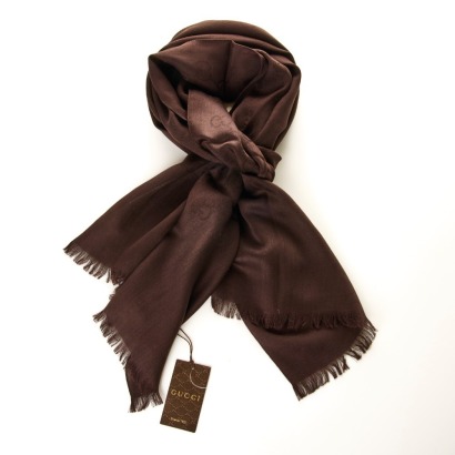 Gucci, 70% Wool / 30% Silk GG Monogram Brown Scarf with Swing Tag