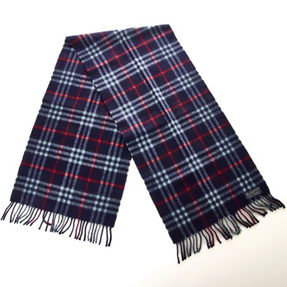 Burberry, Navy Checker 100% Cashmere Scarf