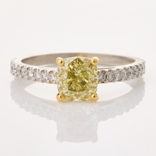 Platinum /18ct Yellow Gold, 1.38ct Cushion Cut Yellow Diamond / .20ct Diamond Ring, GIA certified, NZ Made