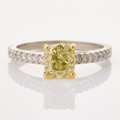 Platinum /18ct Yellow Gold, 1.38ct Cushion Cut Yellow Diamond / .20ct Diamond Ring, GIA certified, NZ Made