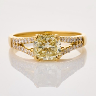 David Keefe, NZ Made, 18ct Yellow Gold, 1.01ct Radiant Cut Diamond / 0.22ct Round Brilliant Cut Diamond Engagement Ring