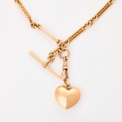 9ct Rose Gold, Vintage, Fob Chain with Puff Heart Pendant & T-Bar