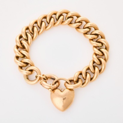 9ct Rose Gold, 20cm Vintage, Hollow Curb Link Bracelet with Puff Heart Clasp