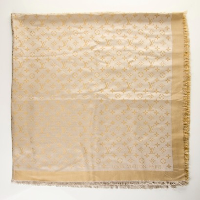 Louis Vuitton, Gold Metallic Monogram 47% Silk / 17% Wool/26% Viscose Scarf