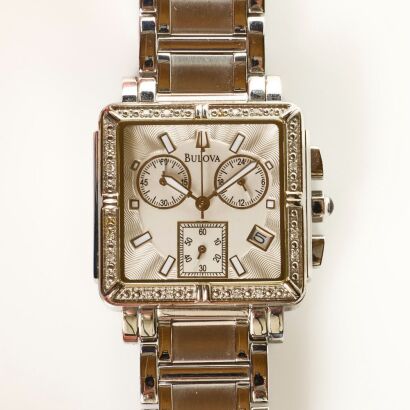 Stainless Steel, 29mm Bulova Square Chronograph Diamond Quartz Wristwatch