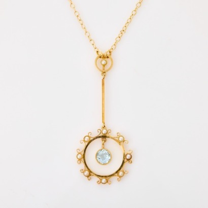 Edwardian, 15ct / 9ct Yellow Gold, .54ct Aquamarine / Seed Pearl Pendant and Chain, circa 1910