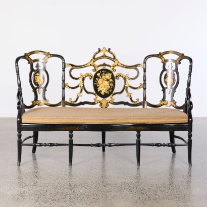 A Northern Italian Ebonised Wood with Parcel Gilt Settee 19th Century