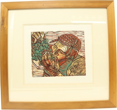 (1) Mandy Browne Man Eating Grapes and Smoking Hand-Printed Linocuts