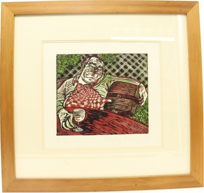 (1) Mandy Browne A Blissful Man with Wine Hand-Printed Linocuts