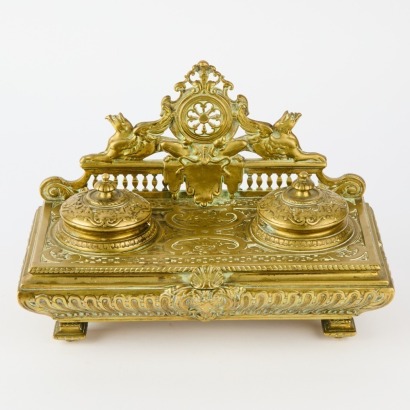 A Large Brass Victorian Double-Potted Ink Well