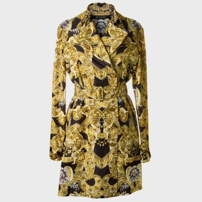 Versace Double Breasted, Versace Print Polyester Overcoat (Belted), Size 48
