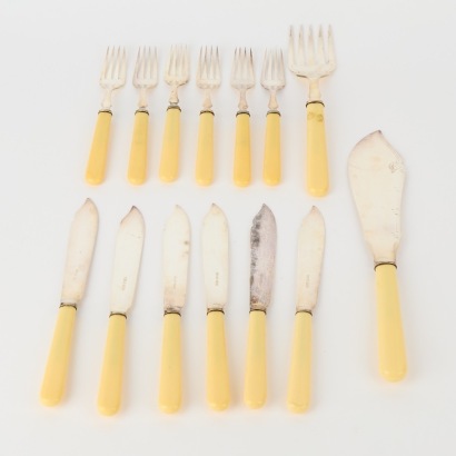 A Set of Six Antique Fish Knives, Forks and Serving Cutlery Total 14 pieces