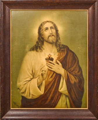 A Large Antique Jesus Display In Oak Frame