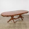 A Marquetry Inlaid Extension Dining Table on Carved Twin Pedestal Base