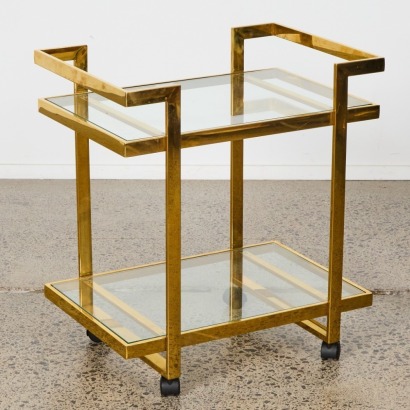 A Gold Polished Steel and Glass Drinks Trolley