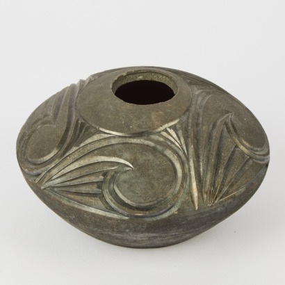A Wayne Tasker Raku Fired Vase With Carved Maori Design