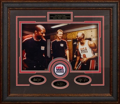 A Framed Photo of The 1992 Dream Team With Larry Bird, Michael Jordan and Magic Johnson