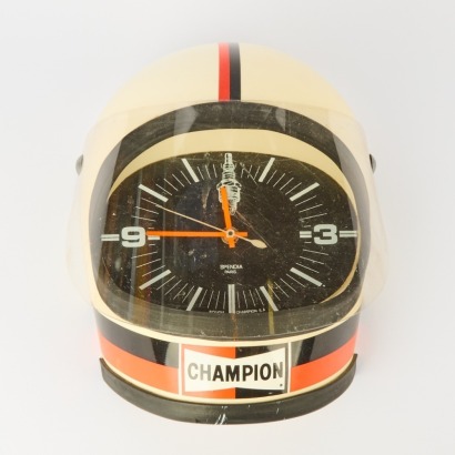 A Rare Bougie Champion Sparkplugs Crash Helmet Clock by Spenda Paris
