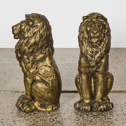 A Pair of Heavy Concrete Lion Statues in Gold Tone