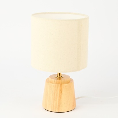 A Small Table Lamp With Wooden Base