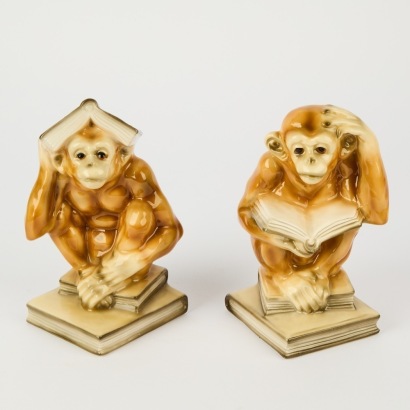 A Pair of Vintage Educated Monkeys Ceramic Bookends