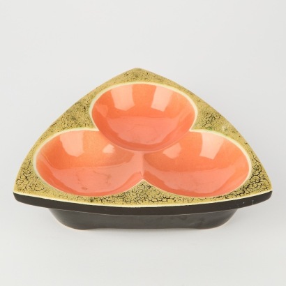 A Mid Century Attributed German Tri Bowl With Crackle And High Gloss Glaze